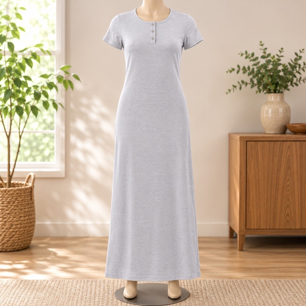 NWT Barefoot Dreams Malibu Ribbed Maxi Henley Dress Womens Small ST Grey Slit